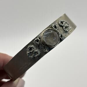 Antique WWI Era Trench Art Style Handmade Metal Cuff Bracelet Glass Cabochon